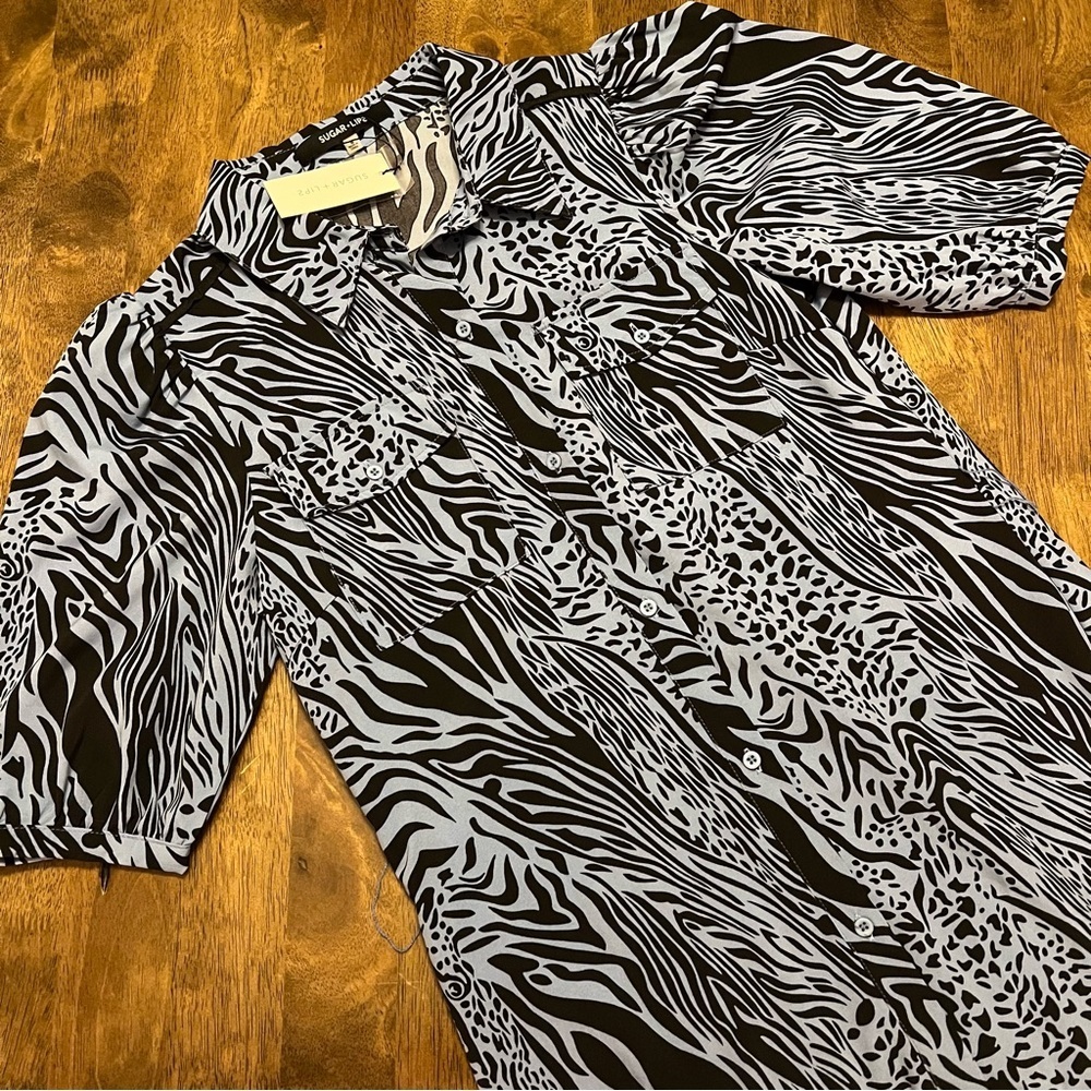 NWT Sugar + Lips Zebra Print Button-Up Collared Shirt Midi Dress Size Small